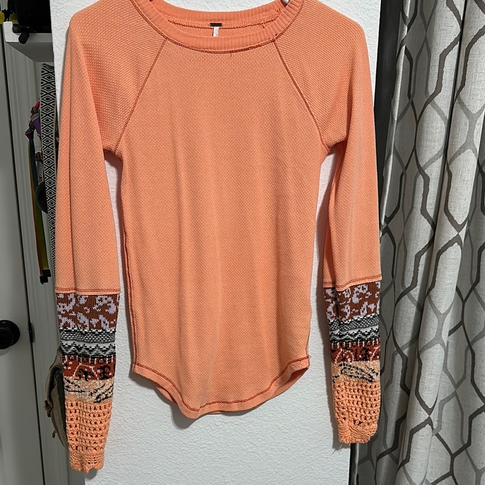 Free People Orange Long Sleeve Top with Patterned Sleeves